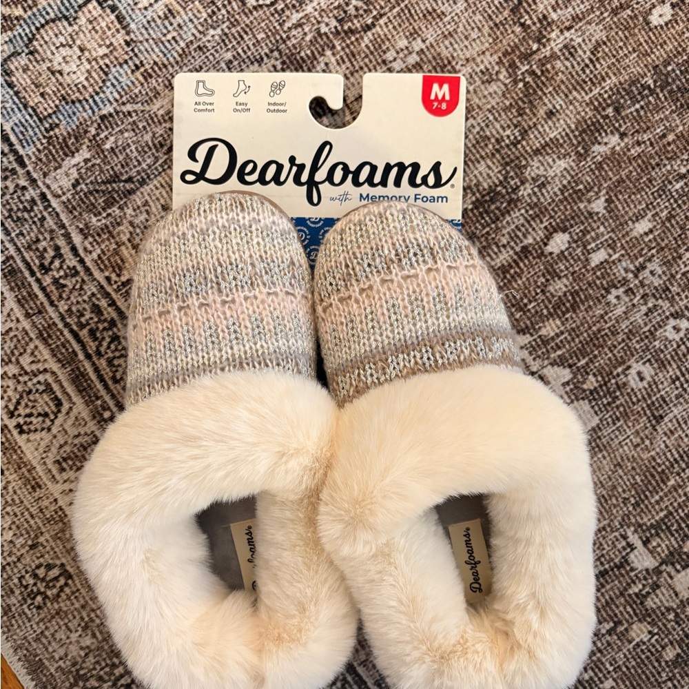 Dearfoams Knit Slippers with Cream Fur Lining
